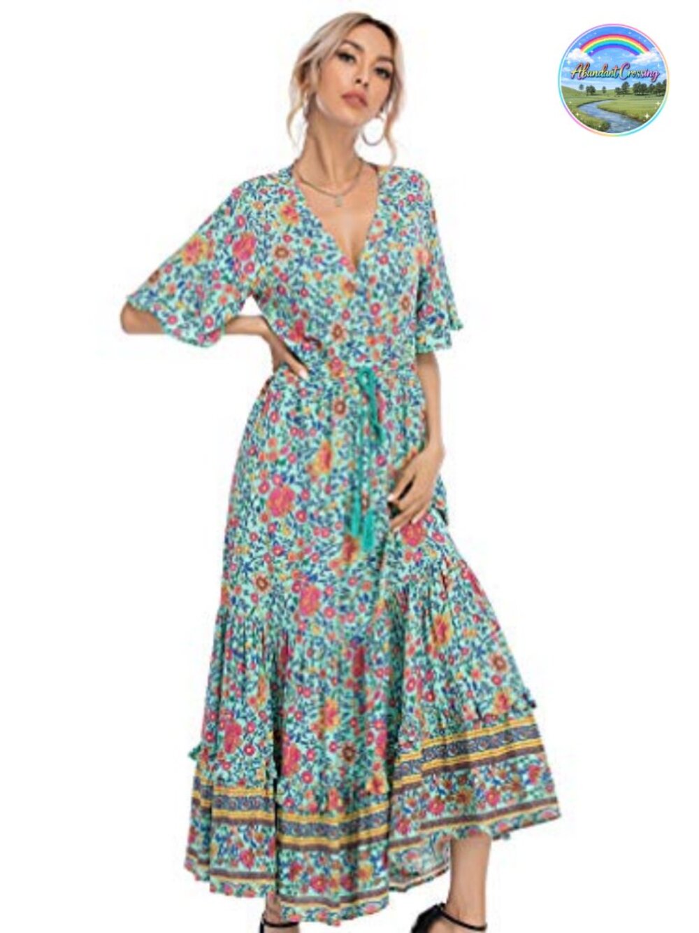 Womens Boho Midi Dress V Neck Button Floral Ruffle Hem Rayon Cotton